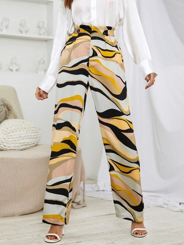 CM-BS241271 Women Casual Seoul Style Allover Print Paperbag Waist Pants