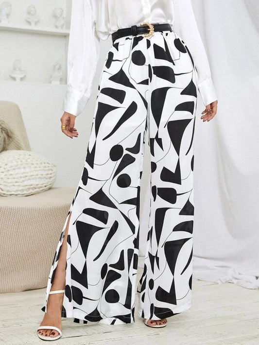 CM-BS946935 Women Casual Seoul Style Geometric Print Slit Hem Wide Leg Pants