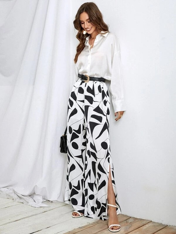 CM-BS946935 Women Casual Seoul Style Geometric Print Slit Hem Wide Leg Pants