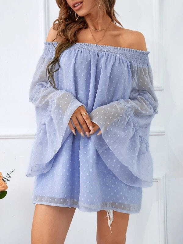 CM-TS148112 Women Trendy Bohemian Style Off Shoulder Shirred Panel Swiss Dot Top