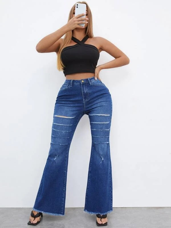 CM-BS483332 Women Casual Seoul Style High Waisted Raw Hem Ripped Flare Leg Jeans