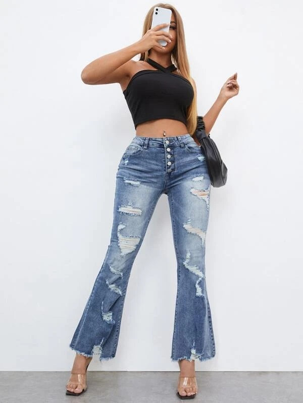 CM-BS121321 Women Casual Seoul Style Ripped Raw Hem Flare Leg Jeans