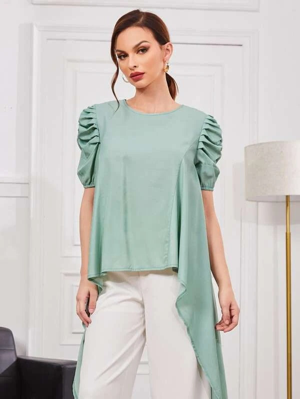 CM-TS914566 Women Casual Seoul Style Ruched Puff Sleeve High Low Hem Blouse