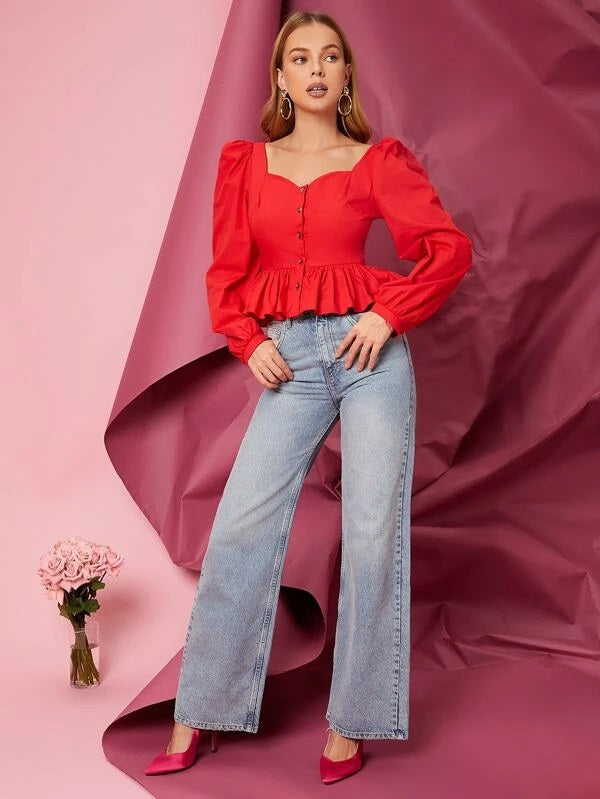 CM-TS026806 Women Elegant Seoul Style Lantern Sleeve Sweetheart Neck Peplum Top