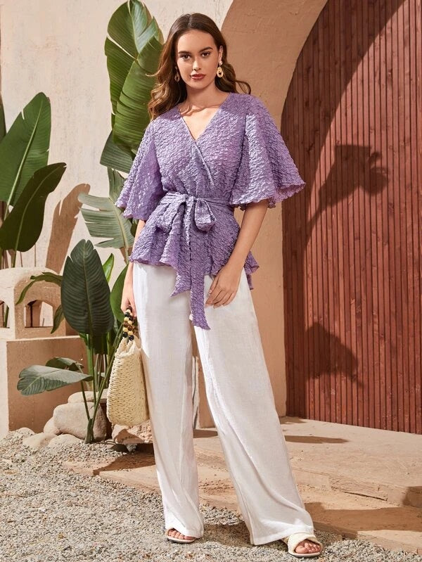 CM-TS383823 Women Casual Seoul Style Solid Flounce Sleeve Belted Blouse - Purple