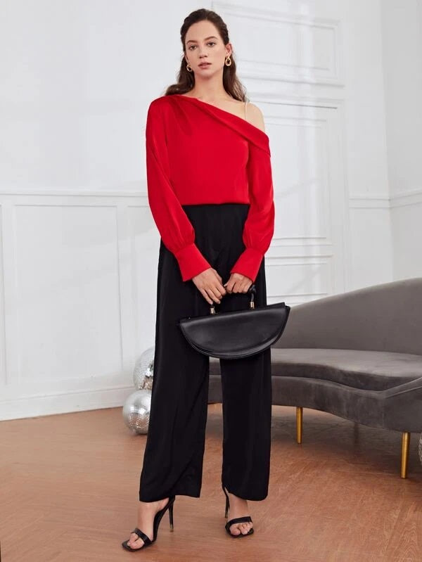CM-TS353494 Women Elegant Seoul Style Rhinestone Chain Asymmetrical Neck Top - Red