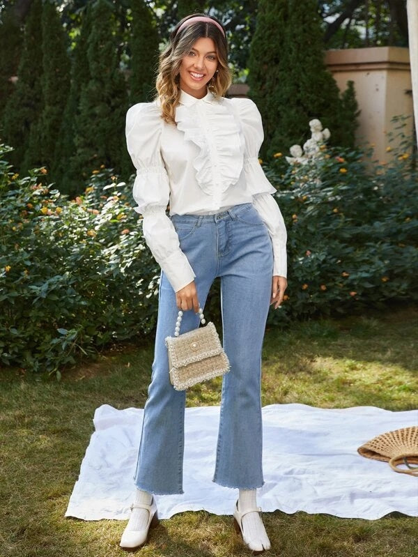 CM-TS211551 Women Elegant Seoul Style Collar Neckline Gigot Sleeve Ruffle Trim Blouse - White