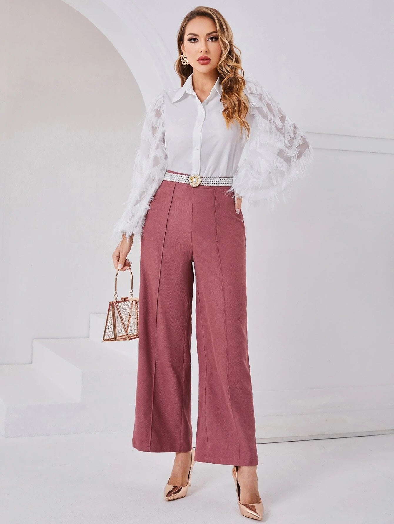 CM-TS817731 Women Elegant Seoul Style Fuzzy Bishop Sleeve Solid Blouse - White