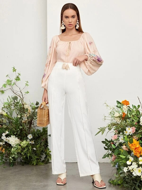 CM-TS072761 Women Casual Seoul Style Floral Bishop Sleeve Tassel Detail Bodysuit - Apricot