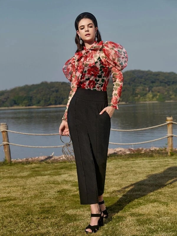 CM-TS346123 Women Trendy Bohemian Style Floral Print Gigot Sleeve Tie Neck Blouse