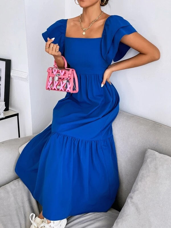 CM-DS186133 Women Trendy Bohemian Style Layered Sleeve Ruffle Hem Dress - Royal Blue