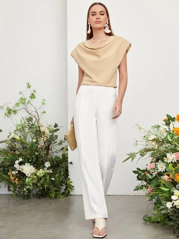 CM-TS705889 Women Elegant Seoul Style Sleeveless Shoulder Pad Cowl Neck Top - Khaki