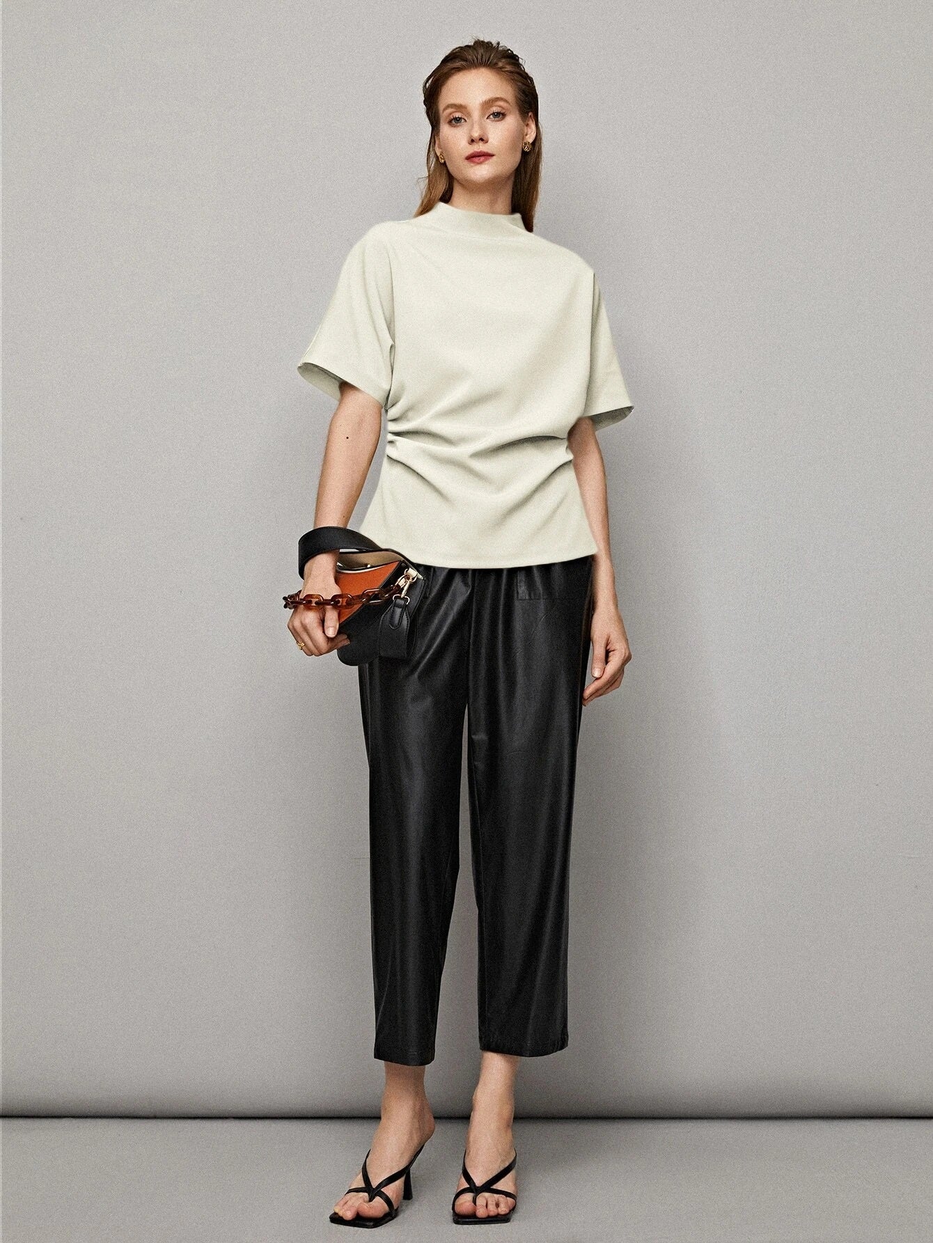 CM-TS767744 Women Elegant Seoul Style Short Sleeve Relaxed Fit Ruched Top - Beige