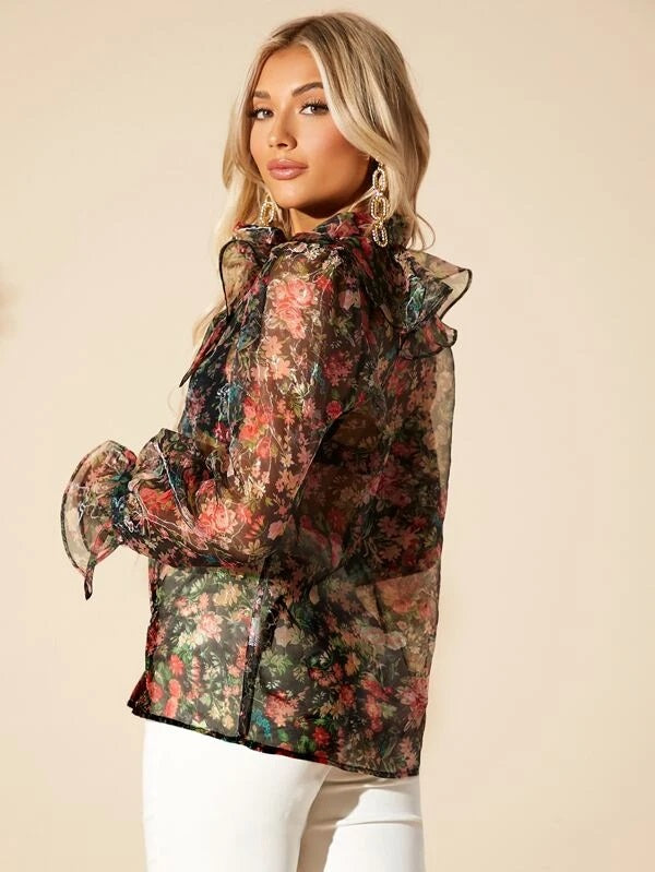 CM-TS889890 Women Trendy Bohemian Style Allover Floral Print Tie Neck Sheer Top