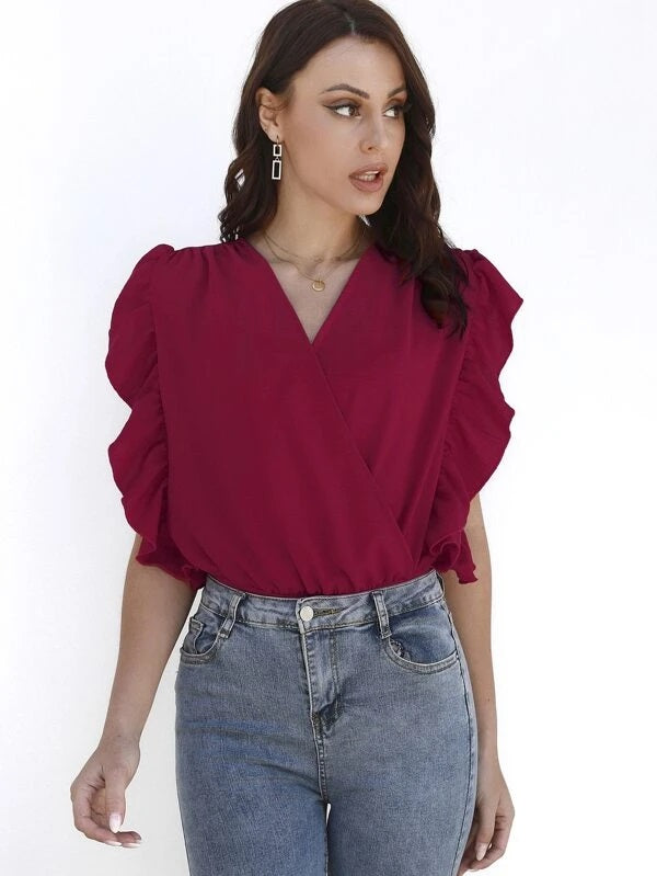 CM-TS841863 Women Elegant Seoul Style Surplice Neck Ruffle Trim Bodysuit - Red