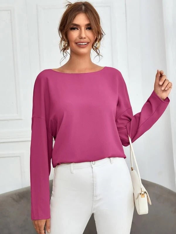 CM-TS566444 Women Casual Seoul Style Pearls Chain Draped Open Back Blouse - Hot Pink