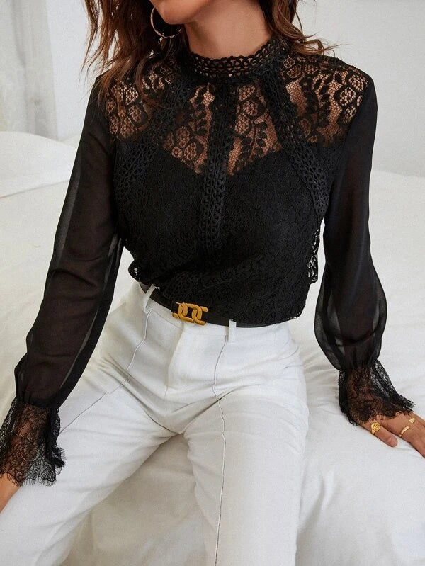 CM-TS726113 Women Elegant Seoul Style Eyelash Lace Flounce Sleeve Blouse - Black