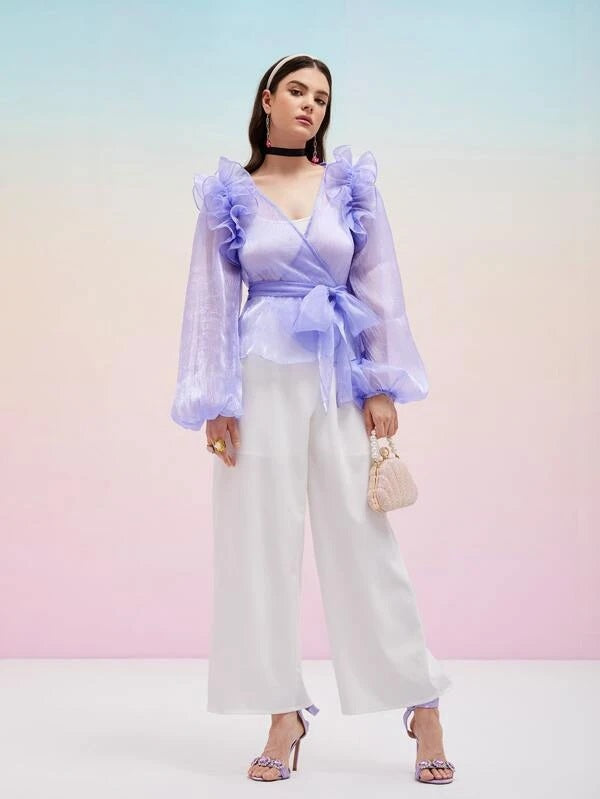 CM-TS572465 Women Elegant Seoul Style Flounce Shoulder Bishop Sleeve Top - Purple