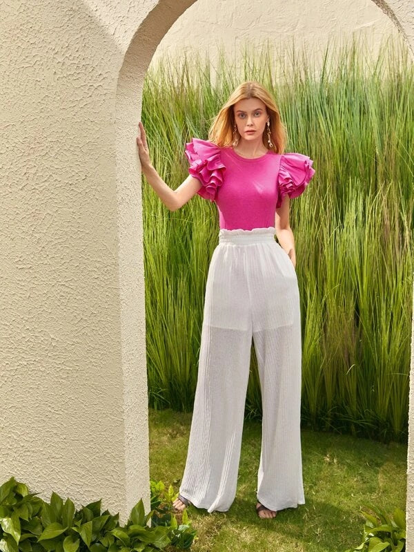 CM-TS560076 Women Elegant Seoul Style Layered Ruffle Trim Rib-knit Bodysuit - Hot Pink