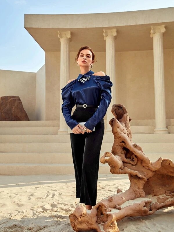 CM-TS247159 Women Elegant Seoul Style Cold Shoulder Gigot Sleeve Rhinestone Detail Top