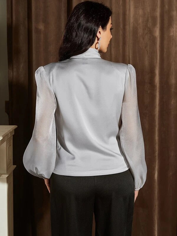 CM-TS107319 Women Elegant Seoul Style Fold Pleated Lantern Sleeve Satin Blouse - Gray