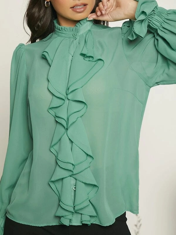 CM-TS233817 Women Elegant Seoul Style Long Sleeve Mock Neck Ruffle Trim Top - Green