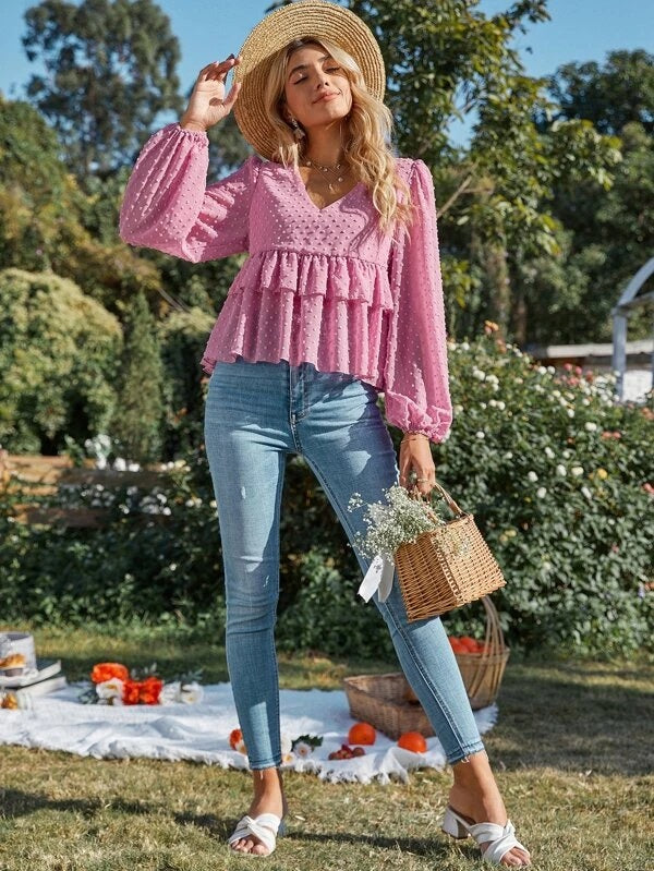 CM-TS577566 Women Trendy Bohemian Style Swiss Dot Lantern Sleeve Peplum Chiffon Blouse