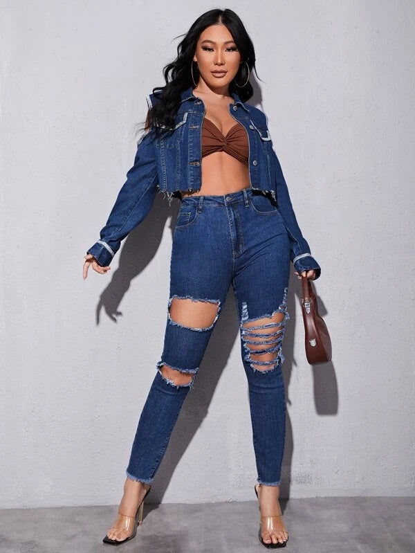 CM-CS664277 Women Casual Seoul Style Cold Shoulder Raw Hem Denim Jacket