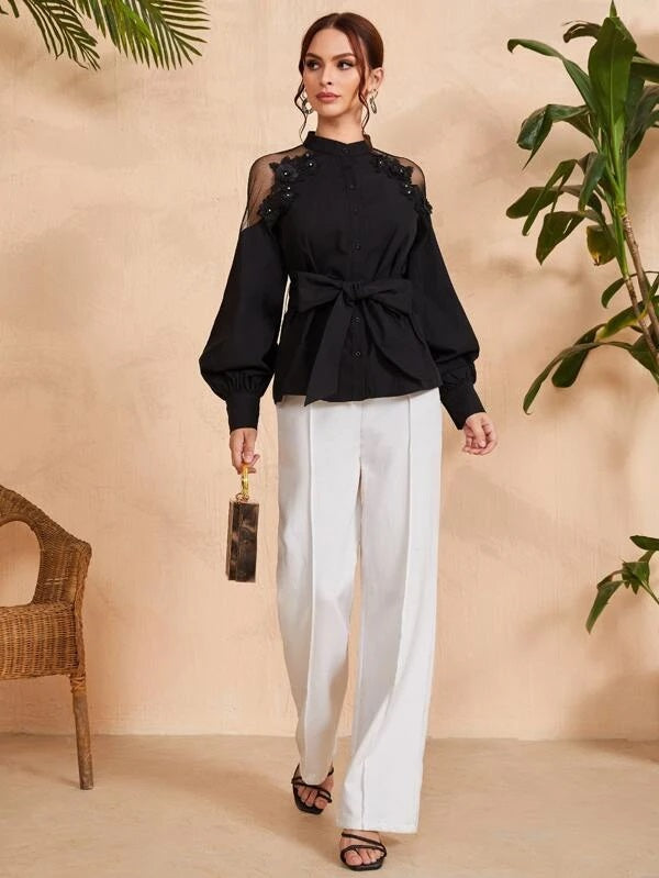 CM-TS725575 Women Elegant Seoul Style Mock Neck Pearl Beaded Appliques Belted Blouse