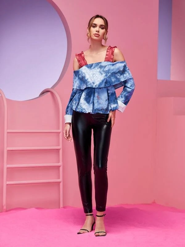 CM-TS233043 Women Elegant Seoul Style Brush Print Frill Trim Cold Shoulder Peplum Blouse