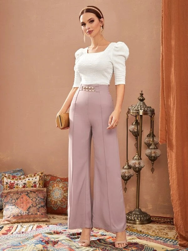 CM-TS549765 Women Elegant Seoul Style Puff Sleeve Square Neck Tee - White