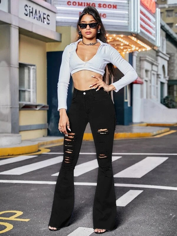 CM-BS239229 Women Casual Seoul Style Zipper Fly Ripped Raw Hem Flare Leg Jeans - Black