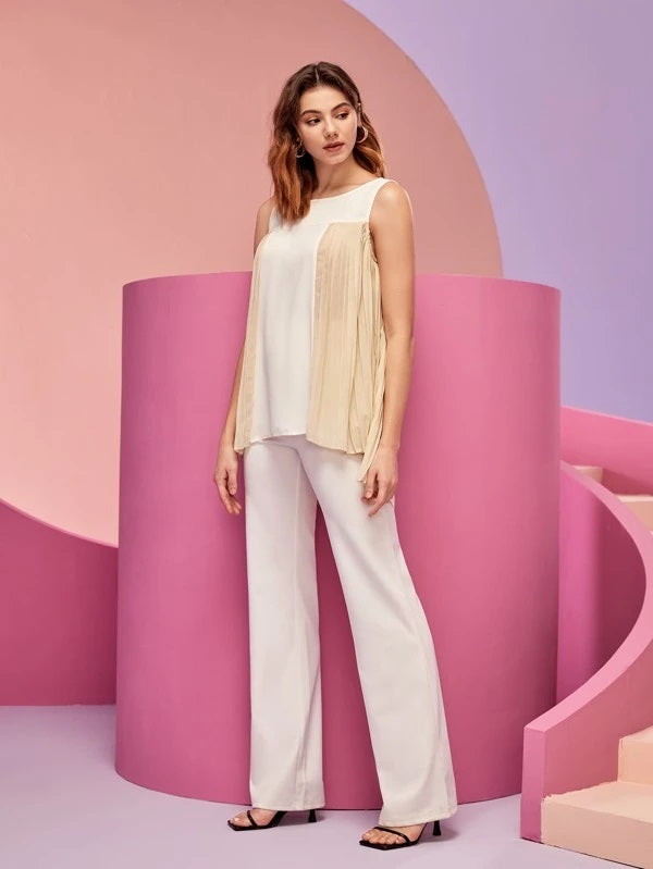 CM-TS883169 Women Casual Seoul Style Two Tone Pleated High Low Hem Blouse