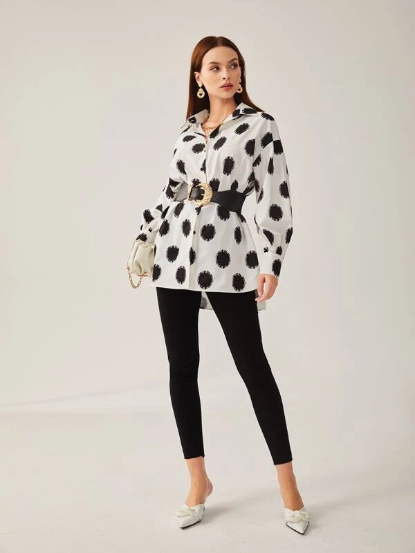 CM-TS345248 Women Casual Seoul Style Polka Dot Print Drop Shoulder Blouse