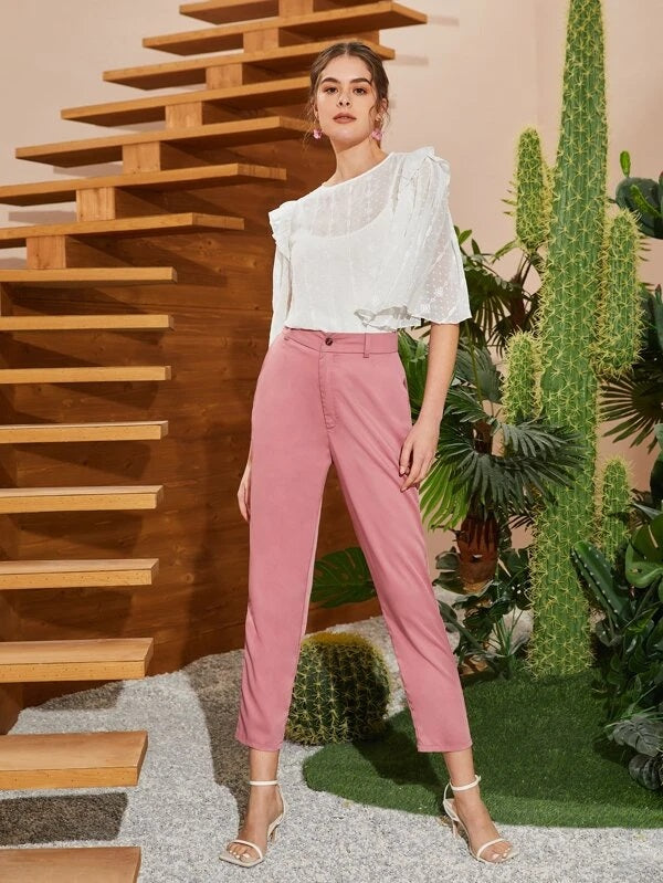 CM-TS148423 Women Casual Seoul Style Polka Dot Mesh Ruffle Trim Flounce Sleeve Blouse