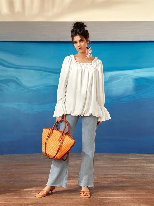 CM-TS626168 Women Trendy Bohemian Style Scoop Neck Bell Sleeve Frill Trim Top - White