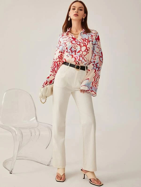 CM-TS449614 Women Casual Seoul Style Floral Print Trumpet Sleeve Blouse