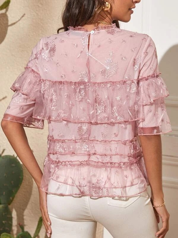 CM-TS800066 Women Casual Seoul Style Floral Embroidery Ruffle Trim Flounce Sleeve Lace Blouse