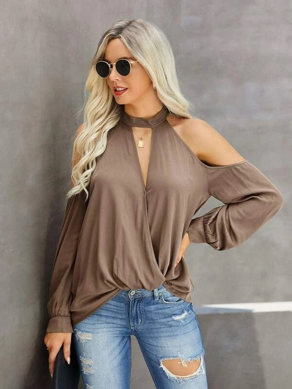 CM-TS695995 Women Casual Seoul Style Solid Choker Neck Cold Shoulder Blouse - Mocha Brown