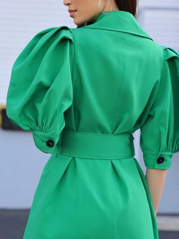 CM-CS607359 Women Elegant Seoul Style Puff Sleeve Belted Button Front Trench Coat - Mint Green