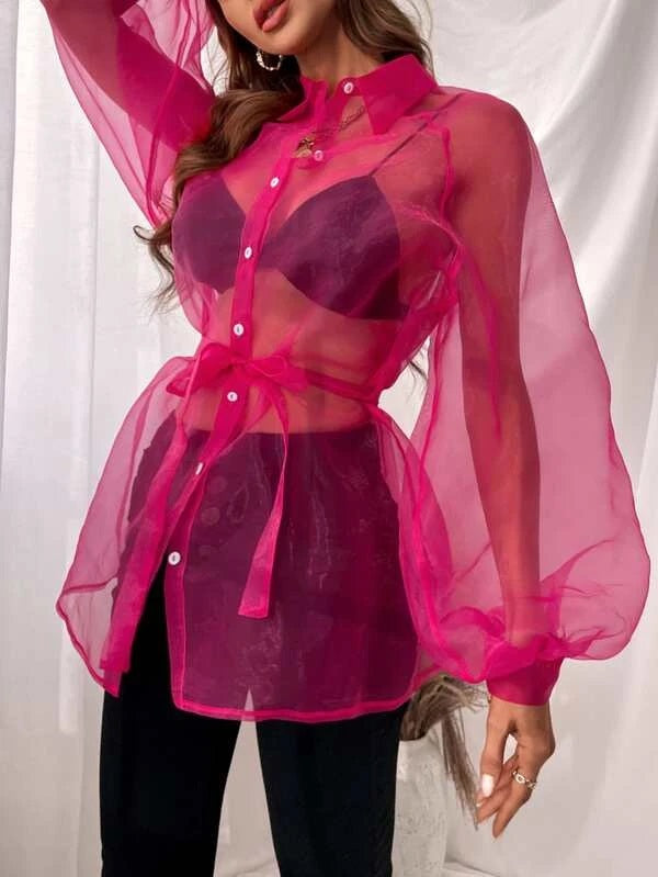 CM-TS461774 Women Casual Seoul Style Lantern Sleeve Belted Mesh Blouse - Hot Pink