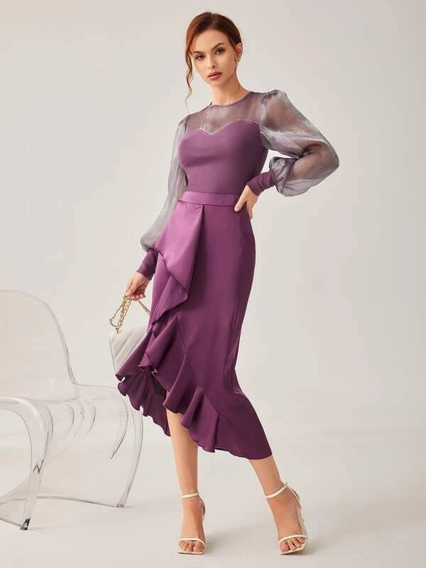 CM-TS423343 Women Elegant Seoul Style Contrast Mesh Lantern Sleeve Top - Purple
