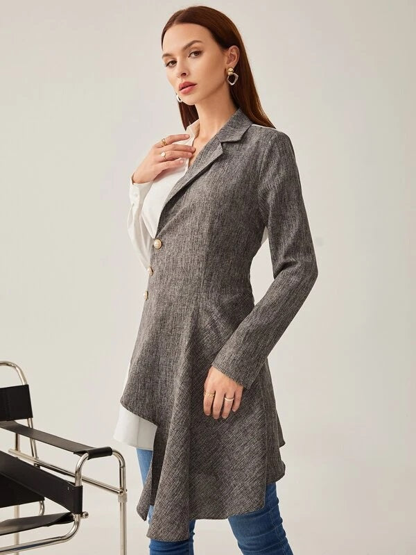 CM-TS668838 Women Elegant Seoul Style Pearls Button Front Colorblock Asymmetrical Hem Top