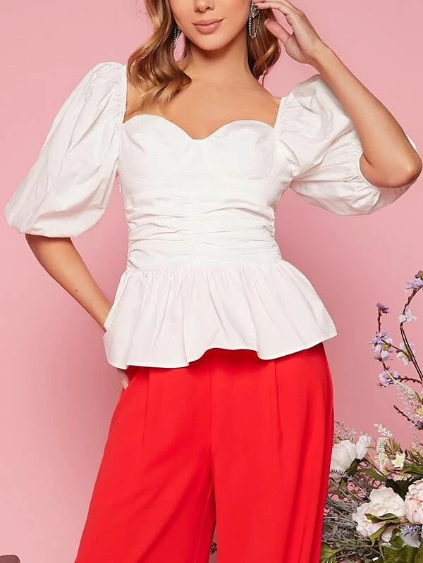 CM-TS872817 Women Casual Seoul Style Sweetheart Neck Puff Sleeve Peplum Top