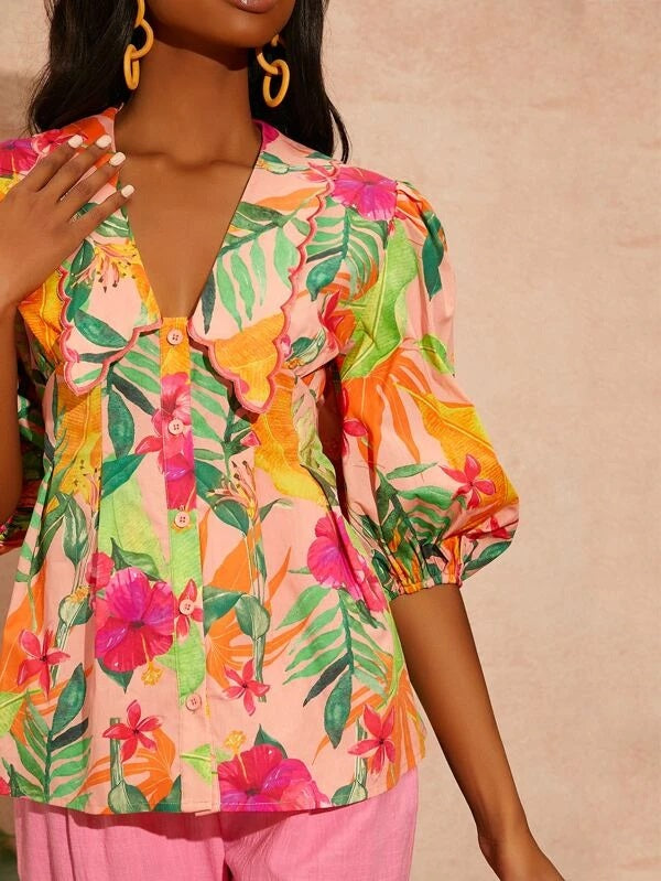 CM-TS051615 Women Trendy Bohemian Style Tropical Print Lantern Sleeve Blouse