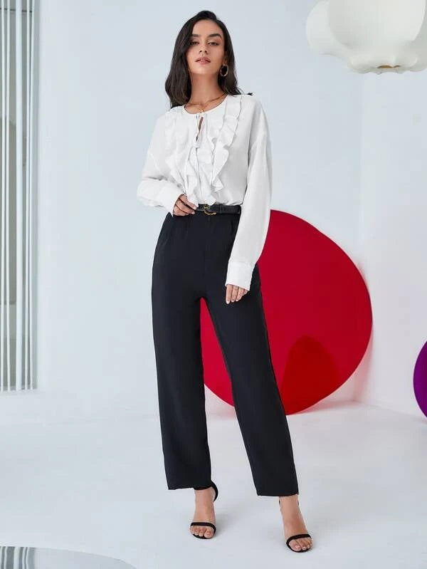 CM-TS059111 Women Elegant Seoul Style Long Sleeve Ruffle Trim Tie Neck Blouse - White
