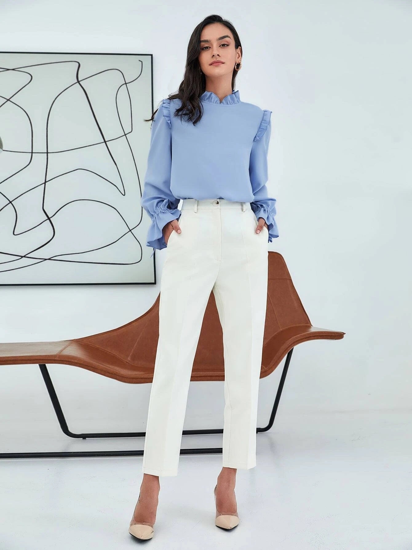 CM-TS636380 Women Casual Seoul Style Frill Neck Flounce Sleeve Blouse - Dusty Blue