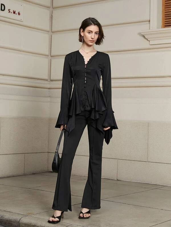 CM-TS785807 Women Elegant Seoul Style Flounce Sleeve Button Front Blouse - Black