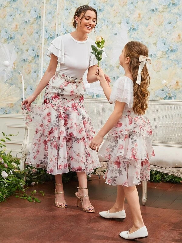 CM-BS727071 Women Elegant Seoul Style Floral Print Layered Ruffle Hem Skirt
