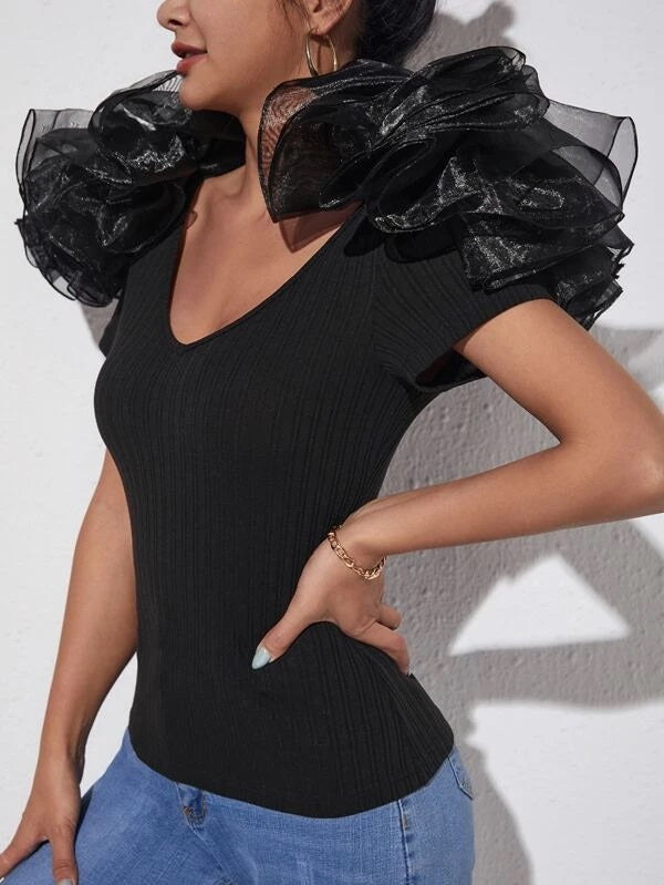 CM-TS155269 Women Casual Seoul Style Contrast Mesh Rib-Knit Top - Black